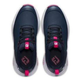 FootJoy navy and pink golf shoes, overhead view showing textured upper, signature logo tongue label, and white sole with pink accents