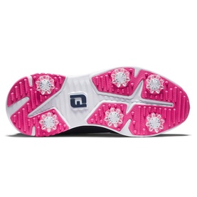 FootJoy golf shoe sole view showing white and pink outsole with removable cleats and navy heel branding