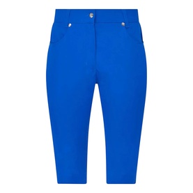 Pure Golf royal blue women's golf shorts with slim fit, five-pocket styling and silver button detailing