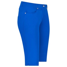 Pure Golf royal blue women's shorts with five-pocket styling, silver button detail, and tailored knee-length cut.
