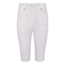 Pure Golf white women's knee-length shorts with silver button detail and five-pocket design, flat lay
