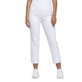 Model wearing Adidas Golf white cropped trousers, styled with white trainers. Slim fit with clean finish at ankle.