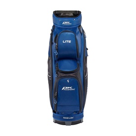 PowaKaddy Lite golf cart bag in navy blue, with multiple zippered pockets, MAG-LOK branding, and structured body