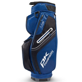 Powakaddy blue and black golf cart bag with multiple zip pockets, white logo detailing, and structured base