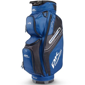 PowaKaddy Lite golf cart bag in royal blue and black with multiple zip pockets and white branding details