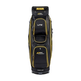 PowaKaddy Lite Golf Cart Bag in black with gold trim, multiple front pockets and MAG-LOK base