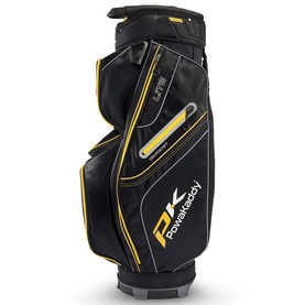Powakaddy black golf cart bag with yellow zip detailing, multiple pockets, and structured base