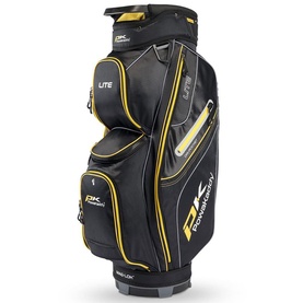 PowaKaddy Lite golf cart bag in black with yellow trim, multiple pockets, carry handle, and branded detailing