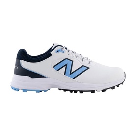 New Balance Golf men's golf shoe in white and light blue with navy detailing, lace-up fastening and spiked rubber sole
