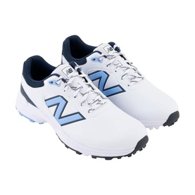 New Balance Golf men's golf shoes in light blue and white with navy accents, lace-up style, cleated rubber sole