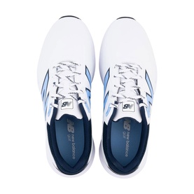 New Balance Golf mens golf shoes in white and light blue, overhead view showing lace-up front and NB logo detail