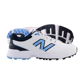 New Balance Golf men's golf shoes in white and light blue, featuring spiked rubber sole and signature N logo detail