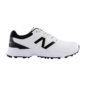 New Balance golf shoe in white with black N logo, lace-up fastening, and spiked rubber outsole