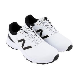 New Balance white and black leather golf shoes with black N logo, lace-up fastening and spiked rubber sole