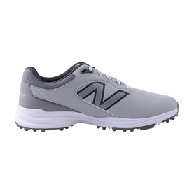 New Balance grey spiked golf shoe with navy N logo, mesh and synthetic upper, white sole, lace-up fastening