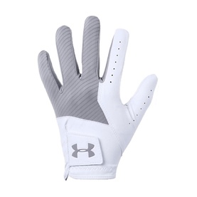 Under Armour golf glove in white and grey, perforated knuckles, grey UA logo on wrist strap, single glove shown palm facing forward