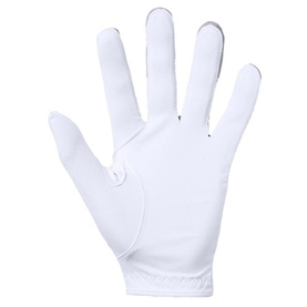 White golf glove, palm-side view, smooth leather construction with open wrist closure, displayed flat on white background