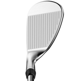 Polished silver golf wedge with milled face grooves and black shaft, angled to show clubface detail
