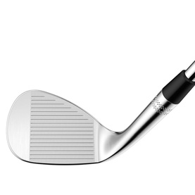 Chrome golf wedge with grooved face, shown in profile against white background, black grip partially visible
