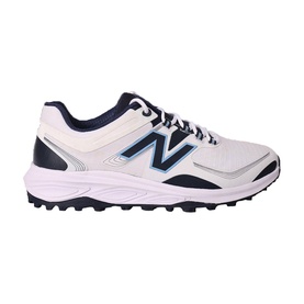 New Balance Golf men's golf shoe in white and navy, featuring navy N logo, lace-up fastening, and multi-spike rubber outsole