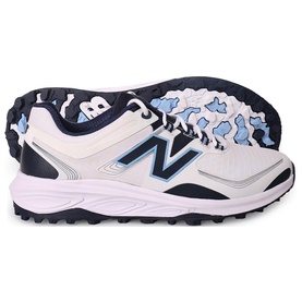 New Balance Golf mens golf shoes in white and navy, with navy N logo, light blue outsole, and multi-directional turf studs.
