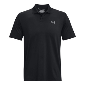 Under Armour black polo shirt with three-button placket, short sleeves, and embroidered logo on chest
