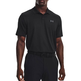 Model wearing Under Armour black polo shirt with short sleeves, subtle logo on chest, styled with white trousers and black belt