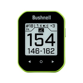 Bushnell GPS rangefinder in green and black, compact square design with digital display showing yardage distances and hole information