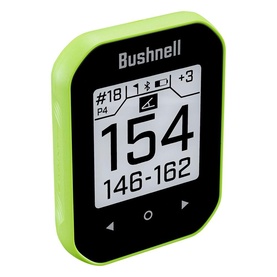 Bushnell GPS rangefinder in green, compact handheld device with digital display showing yardage data and hole information.