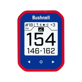 Bushnell Golf GPS device in blue and red with digital display showing hole number, par, and yardage readings