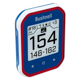 Bushnell golf GPS device in blue and red with white trim, displaying yardage readings on a grey digital screen