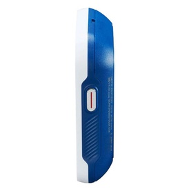Blue and white handheld electronic device shown in side profile, with red USB-C charging port visible on lower edge.