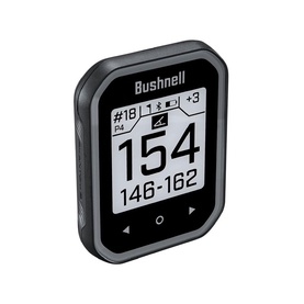 Bushnell golf GPS device in black, compact square design with digital display showing hole number, distance and yardage readings