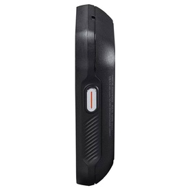 Black rugged device shown from side profile, featuring orange-accented USB-C port and textured grip surface