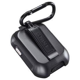 Black rugged protective earbuds case with secure clasp closure and silver carabiner clip attachment