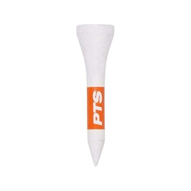 White golf tee with orange PTS branded label wrap around the shaft, pointed tip, standard size