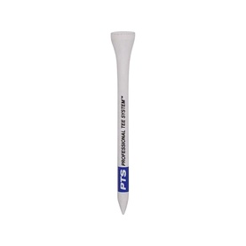 White PTS Professional Tee System golf tee with blue branded label, pointed tip and wide flat head