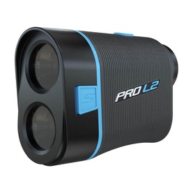 Shot Scope Pro L2 golf laser rangefinder in black with blue trim, dual lens front view