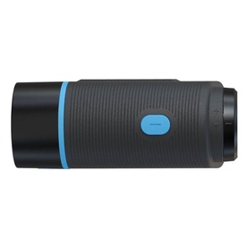 Cylindrical black portable speaker with blue accent ring and button detail, ribbed texture finish