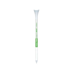 White golf tee with green branded label, slim elongated design with flared cup top, standing upright on white background