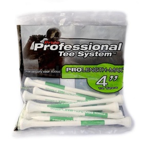 Pride Professional Tee System ProLength-Max 4" white golf tees, pack of 12, shown in clear resealable bag with green branding