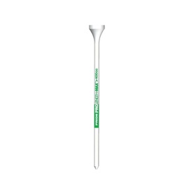 Bristle Pro golf tee in white with green branding text, slim pointed shaft and wide flat head, single tee shown upright.