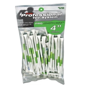 Professional Tee System Pro Length-Max 4" golf tees in white and green, pack of multiple tees in resealable bag