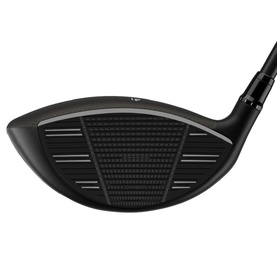 TaylorMade golf driver, matte black clubhead with textured face and grey sole stripe, shown from face-on angle