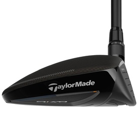 TaylorMade fairway wood golf club in matte black finish with carbon crown detail and black hosel, angled sole view