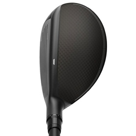 TaylorMade Rescue Club in black carbon fibre finish, shown from side angle highlighting crown texture and hosel detail