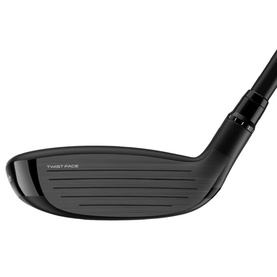 TaylorMade Rescue Club in matte black finish with TwistFace technology, shown from face angle with graphite shaft
