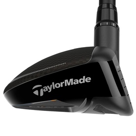 TaylorMade Rescue Club in black with textured crown, silver sole detail, and black hosel, angled top-down view