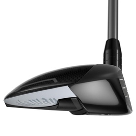 Black Callaway golf fairway wood head with carbon crown detail and silver face, shown at angle with shaft visible