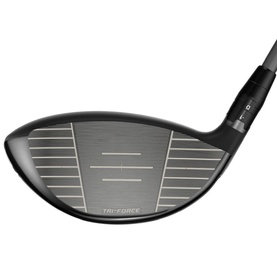 Callaway golf driver in dark grey finish, close-up of clubface showing textured grooves and alignment lines, black hosel visible.